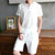 夏季ins男士短袖T恤两件套装韩版潮流棉麻宽松休闲亚麻体恤上衣男(A75白色套装上衣+)(5XL)第4张高清大图