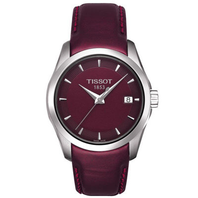 天梭/Tissot 瑞士手表 库图系列皮带石英女表T035.210.16.371.00(银壳红面红带)