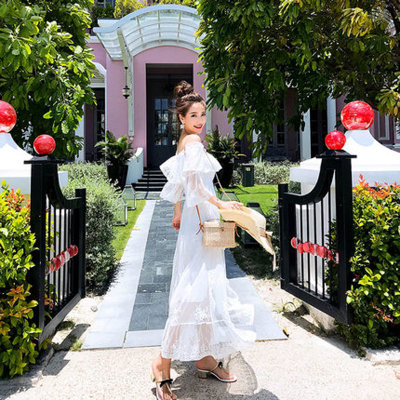 【女夏白色露肩一字肩蕾丝网纱连衣裙2018新