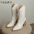 CaldiceKris（中国CK）冬季新款尖头V口骑士高跟中筒女靴（绒里）CK-X6992-2(杏色 35)第2张高清大图