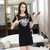 Mistletoe2017夏装新款女装韩版打底背心裙 时尚印花圆领两件套连衣裙2255(黑色 L)第5张高清大图