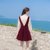 2018秋装新款韩版女装修身显瘦长袖丝绒背带两件套连衣裙套装裙子(酒红色)(L)第4张高清大图