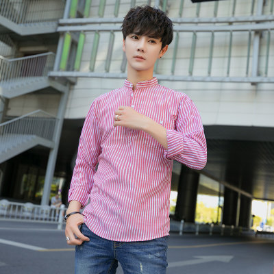 森雷司衬衫男士长袖休闲韩版衬衣男装条纹花潮流时尚外套青少年个性寸衫(红色 S)