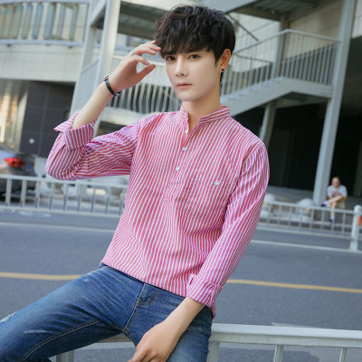 森雷司衬衫男士长袖休闲韩版衬衣男装条纹花潮流时尚外套青少年个性寸衫(红色 S)