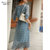 KELECOCO夏季桑蚕丝七分袖系带真丝连衣裙622008(蓝色 S)第2张高清大图