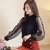 2021春季韩版雪纺衫灯笼袖蕾丝衫女装大码上衣(黑色（常规款） 2XL)第2张高清大图