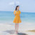 阿琳家2018夏季新款韩版女装修身显瘦短袖气质纯色连衣裙短裙裙子(黄色)(M)第3张高清大图