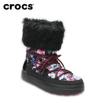 Crocs女雪地靴卡骆驰冬季花纹系带洛基靴加厚棉靴子|204791(热带花卉黑色 34)