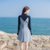 2018秋装韩版女装修身长袖系带背心针织两件套连衣裙套装裙裙子(黑色)(XS)第4张高清大图