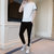 X17短袖套装男韩版潮流帅气T恤九分裤一套青年休闲运动两件套XCF0150(黑色 M)第3张高清大图
