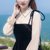 2018秋装新款韩版女装修身吊带长袖丝绒两件套连衣裙套装裙裙子(黑色)(M)第5张高清大图