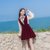 2018秋装新款韩版女装修身显瘦长袖丝绒背带两件套连衣裙套装裙子(酒红色)(L)第2张高清大图