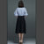 素芬 时尚套装裙春夏新款知性V领条纹上衣+黑色半身裙两件套(图片色 M)第2张高清大图