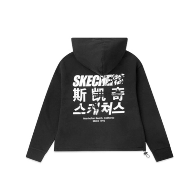skechers斯凯奇情侣款落肩潮流卫衣女短款加绒连帽套头衫l419w006深