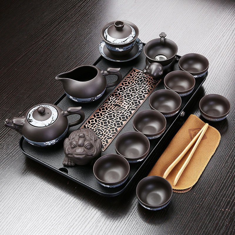 茶具套装家用小型茶盘功夫茶台高档轻奢干泡盘简约排水式托盘整套18件