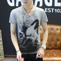 左岸男装 夏季新款V领男短袖T恤韩版修身青少年个性印花半袖打底衫(灰色 XXXL)