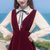 2018秋装新款韩版女装修身显瘦长袖丝绒背带两件套连衣裙套装裙子(酒红色)(L)第5张高清大图