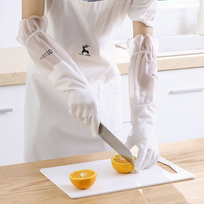 秋冬家用家务清洁手套加长加厚乳胶防滑手套厨房耐用洗碗手套(波浪单层 S)