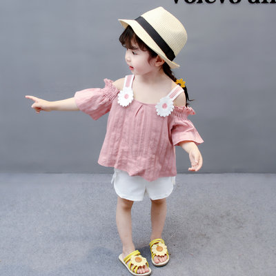 【韩版女童一字肩上衣夏季露肩套装宝宝洋气潮