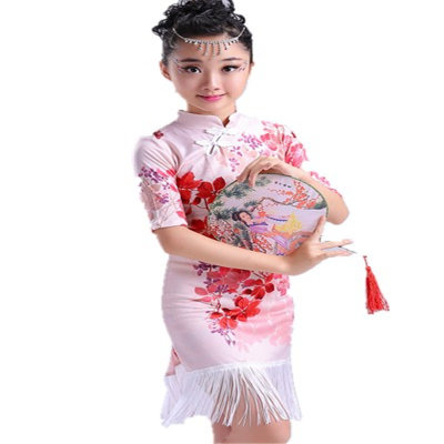 习演出服装比赛表演古典旗袍拉丁(蓝色流苏)(1