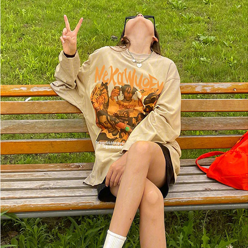 夕霓秋季长袖圆领t恤美式复古ins潮卫衣女oversize大码宽松中长款上衣