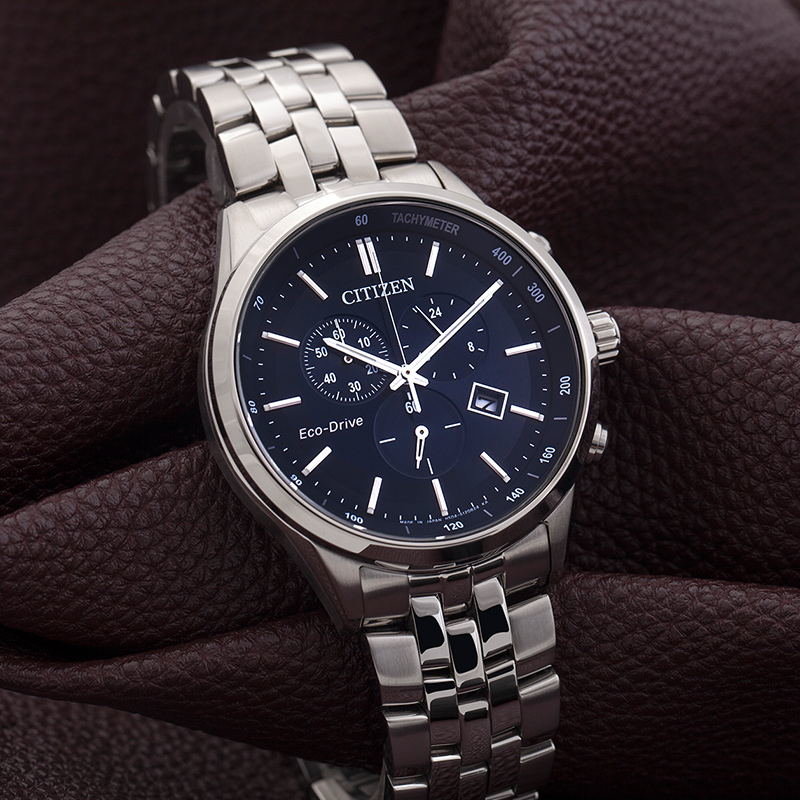 citizen西铁城光动能三眼多功能蓝盘钢带男表at214055l