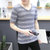 左岸男装 夏季新款韩版男士V领短袖T恤男生修身条纹半袖上衣潮(蓝色 M)第4张高清大图