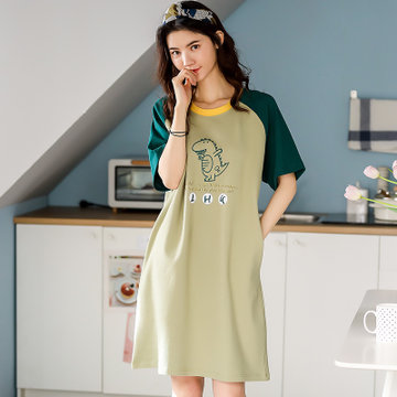 ZHF筑恒丰  纯棉 圆领短袖睡裙B-YJK2903(绿色 M)