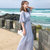 莉菲姿 夏季新款百搭蕾丝雪纺短袖高腰连衣裙韩版海边度假沙滩裙中长款裙子女(蓝色 XL)第4张高清大图
