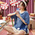 【俞兆林】 萌趣小猫图案睡衣女夏季短袖可爱可外穿2021年新款女士家居服套装 35028(蓝色 M)第5张高清大图