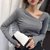 MISS LISA斜领上衣修身显瘦性感设计感锁骨v领t恤j6189(豆沙色 XL)第4张高清大图