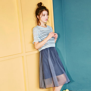 韩都衣舍2017韩版女装夏季新款中长款套裙两件套连衣裙OY6198焕(蓝色 S)