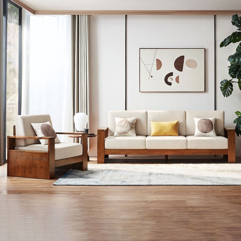 林氏木业新中式实木布艺沙发三人位组合u型北欧简约沙发客厅ls158米