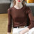 MISS LISA莫代尔t恤时尚圆领薄款长袖打底衫纯色弹力内搭上衣J1D2213(焦糖色 L)第2张高清大图