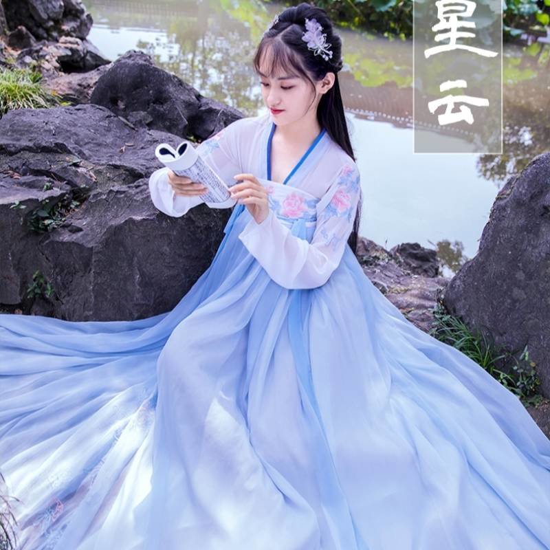 婷瑤曲佐江南星雲漢服女中國風原創古風學生對襟襦裙齊胸套裝夏季藍色