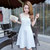 莉菲姿 夏季新款 拼接蕾丝高腰显瘦纯色大摆性感连衣裙(白色 M)第4张高清大图