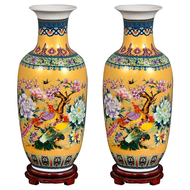 景德镇陶瓷器仿古珐琅彩落地大花瓶插花中式客厅电视柜装饰品摆件黄底