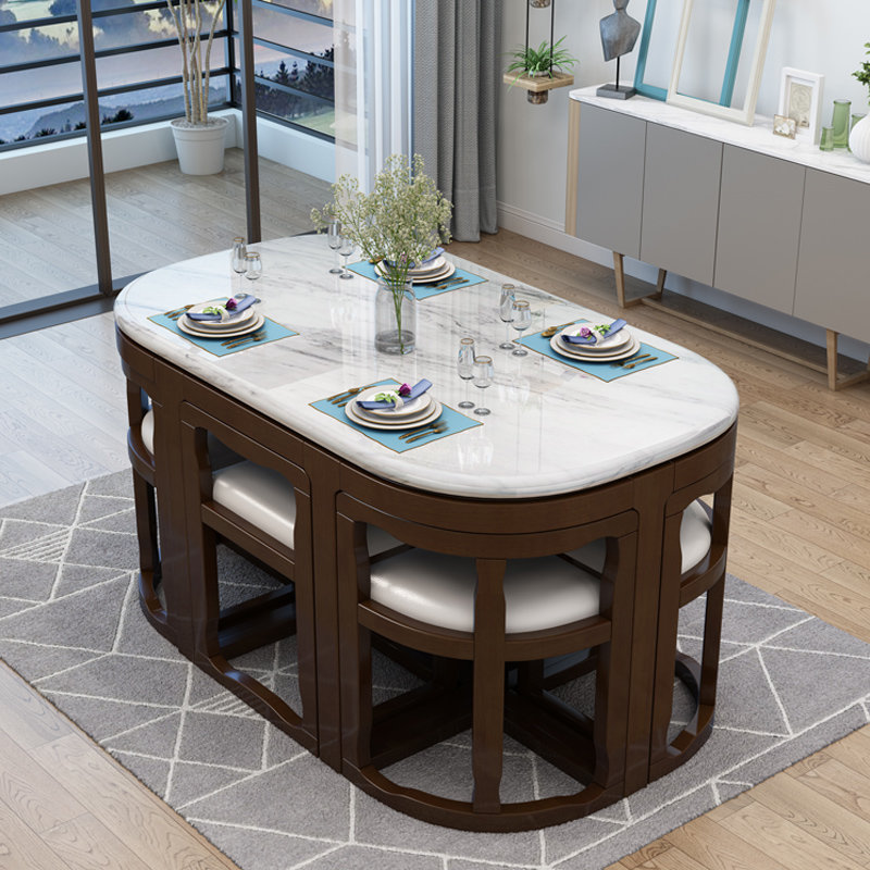 隐形大理石实木餐桌 小户型收缩家用实木圆桌(黑胡桃色 椭圆形一桌六