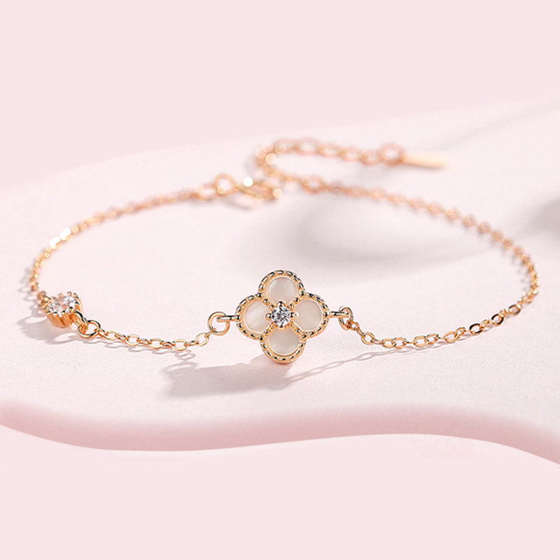 翠惟斋幸运草s925银时尚四叶草项链手链套装玫瑰色