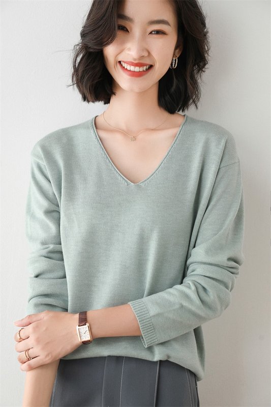 2021新款圆领v领打底针织衫清仓冬季韩版宽松毛衣长袖大码上衣薄荷绿v