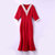 MISS LISA韩版时尚气质高腰V领中长款连衣裙修身大码裙子YWZ8117(红色 M)第5张高清大图