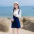 2018秋装新款韩版修身显瘦长袖喇叭袖背带裙两件套连衣裙套装裙(蓝色)(M)第2张高清大图