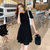 2021夏季韩版气质新款休闲风纯色抽褶圆领收腰显瘦连衣裙(黑色 M)第5张高清大图