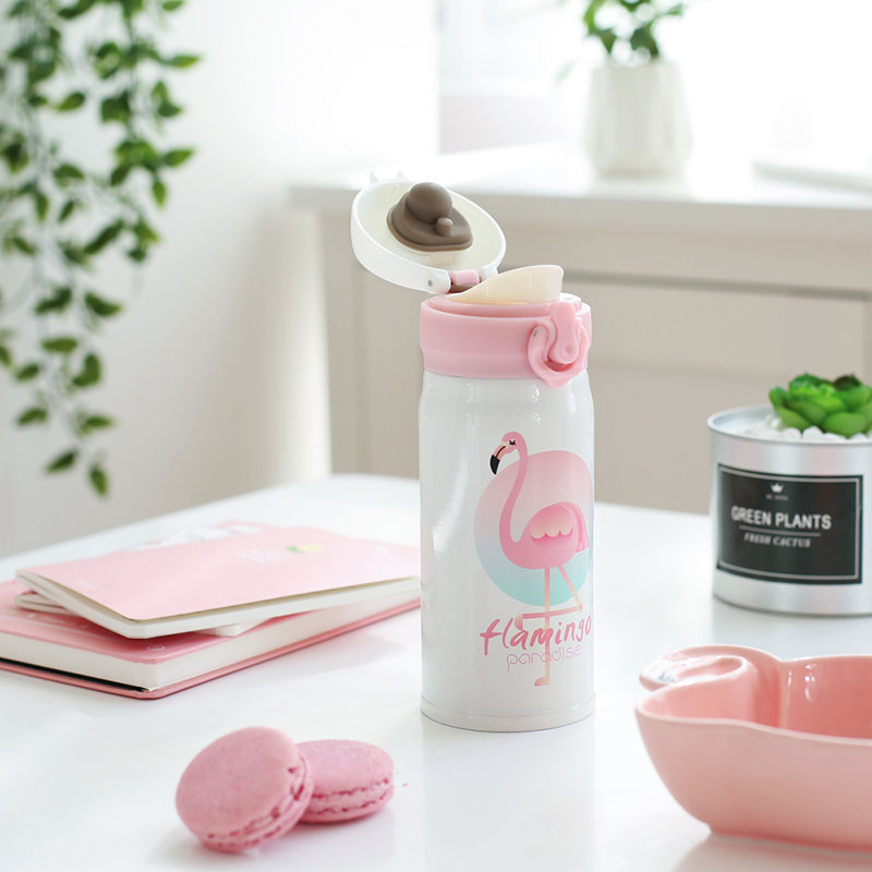 火烈鸟弹跳盖保温杯子可爱学生女小清新个性水杯450ml