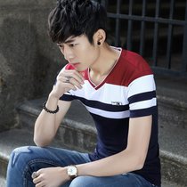 左岸男装 夏季新款V领短袖T恤韩版修身青年潮流时尚条纹拼接纯棉半袖上衣衫(红白蓝 4XL)