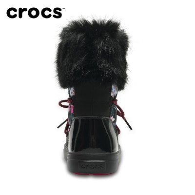 Crocs女雪地靴卡骆驰冬季花纹系带洛基靴加厚棉靴子|204791(热带花卉黑色 38)