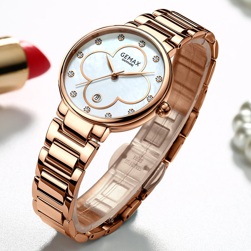 格玛仕gemax石英手表女士时尚潮流钢带防水腕表mx8126玫瑰金