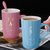 创意早餐杯子陶瓷马克杯带盖勺喝水杯男女生情侣咖啡杯办公室茶杯(粉色款-W)第3张高清大图