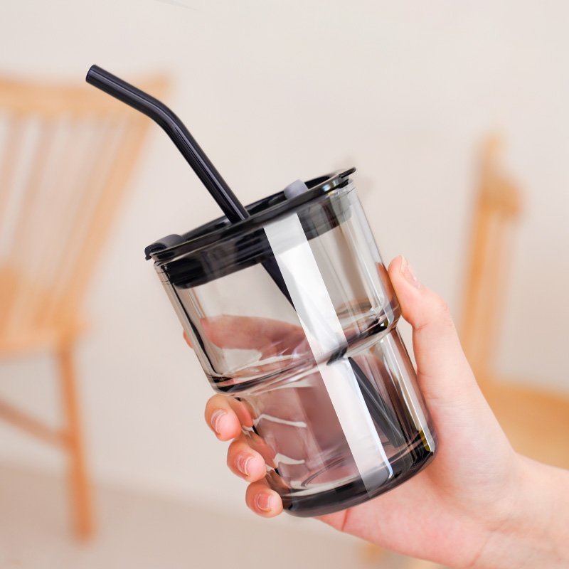 随行杯便携式随手杯吸管水杯牛奶玻璃杯琥珀色便携咖啡杯450ml皮套