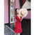 女夏季红色露肩一字肩连衣裙高腰修身2018新款吊带裙子(红色(如图) XL)第5张高清大图